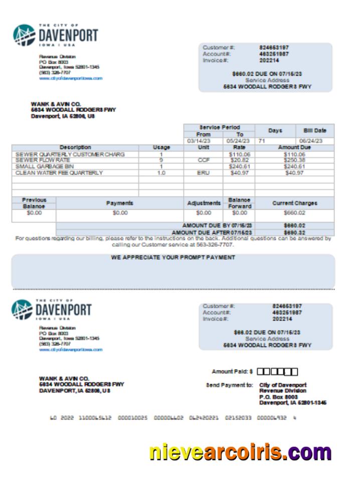 Iowa City of Davenport utility business bill